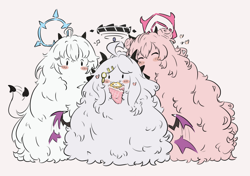 absurdly_long_hair afterimage ahoge blue_archive blue_hair blush_stickers closed_eyes commentary creature crepe demon_horns demon_tail double_bun e_v_e_neko eating erika_(blue_archive) fluffy food grey_background hair_bun halo heart highres hina_(blue_archive) holding holding_food horns kirara_(blue_archive) light_blue_hair long_hair motion_lines no_mouth nuzzle pink_hair purple_hair sidelocks simple_background tail tail_wagging too_much_fluff very_long_hair