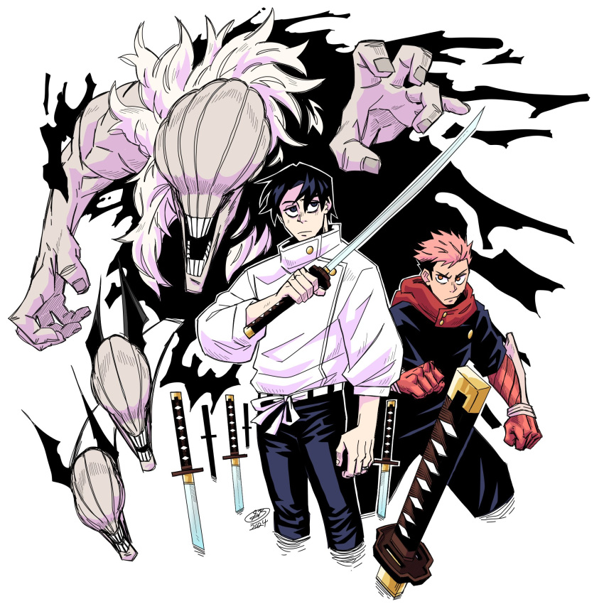 1other 2boys black_hair highres holding holding_sword holding_weapon itadori_yuuji jujutsu_kaisen katana monster multiple_boys okkotsu_yuuta orimoto_rika pink_hair shikigami simple_background sword upper_body weapon white_background yotakuboi