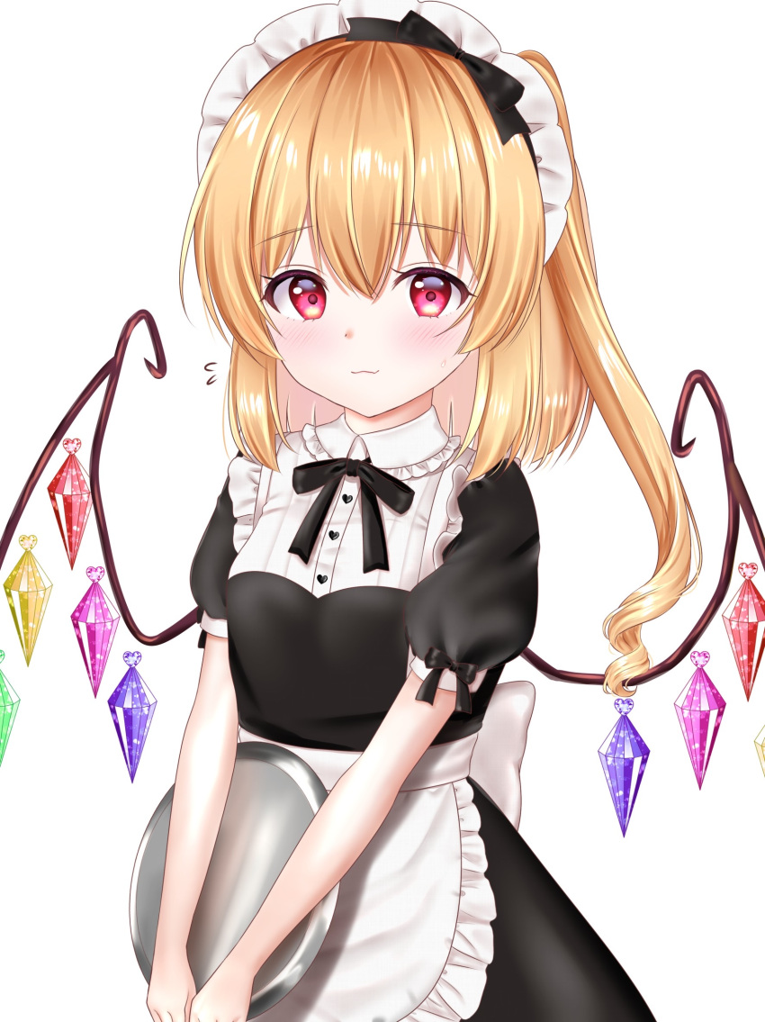 1girl alternate_costume alternate_eye_color back_bow bangs black_bow black_dress blonde_hair blush bow breasts buttons closed_mouth collared_shirt commentary_request crystal dress enmaided eyebrows_visible_through_hair flandre_scarlet flying_sweatdrops frills grey_bow hair_between_eyes hair_bow heart highres jewelry looking_at_viewer maid maid_headdress medium_breasts multicolored_wings nyanyanoruru pink_eyes ponytail puffy_short_sleeves puffy_sleeves shirt short_hair short_sleeves side_ponytail simple_background smile solo standing sweat sweatdrop touhou tray white_background white_shirt wings