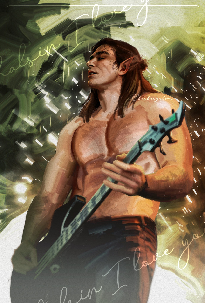 1boy absurdres baldur's_gate baldur's_gate_3 bara brown_hair bubujelra closed_eyes contemporary cowboy_shot dark-skinned_male dark_skin dungeons_and_dragons electric_guitar elf guitar hairy halsin highres instrument male_focus mature_male medium_hair muscular muscular_male music nature no_nipples pants pectorals playing_instrument pointy_ears realistic solo sparse_arm_hair sparse_chest_hair thick_eyebrows topless_male