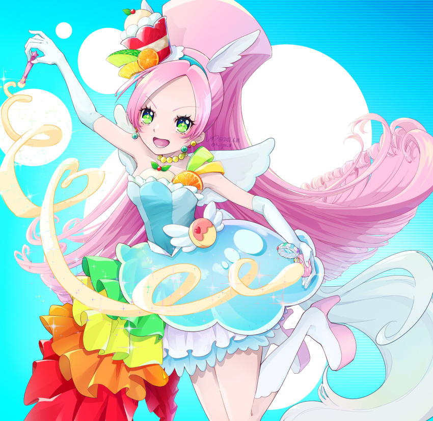 1girl a_syu_z animal_ears arm_up bare_shoulders berry boots choker commentary_request cure_parfait dress earrings elbow_gloves food food-themed_hair_ornament fruit gloves hair_ornament headband highres holding horse_ears jewelry kirakira_precure_a_la_mode kiwi_(fruit) leaf lemon long_hair open_mouth orange_(fruit) parfait pearl_choker pearl_earrings pink_hair ponytail precure solo strapless strapless_dress tail white_footwear white_gloves white_tail white_wings wings