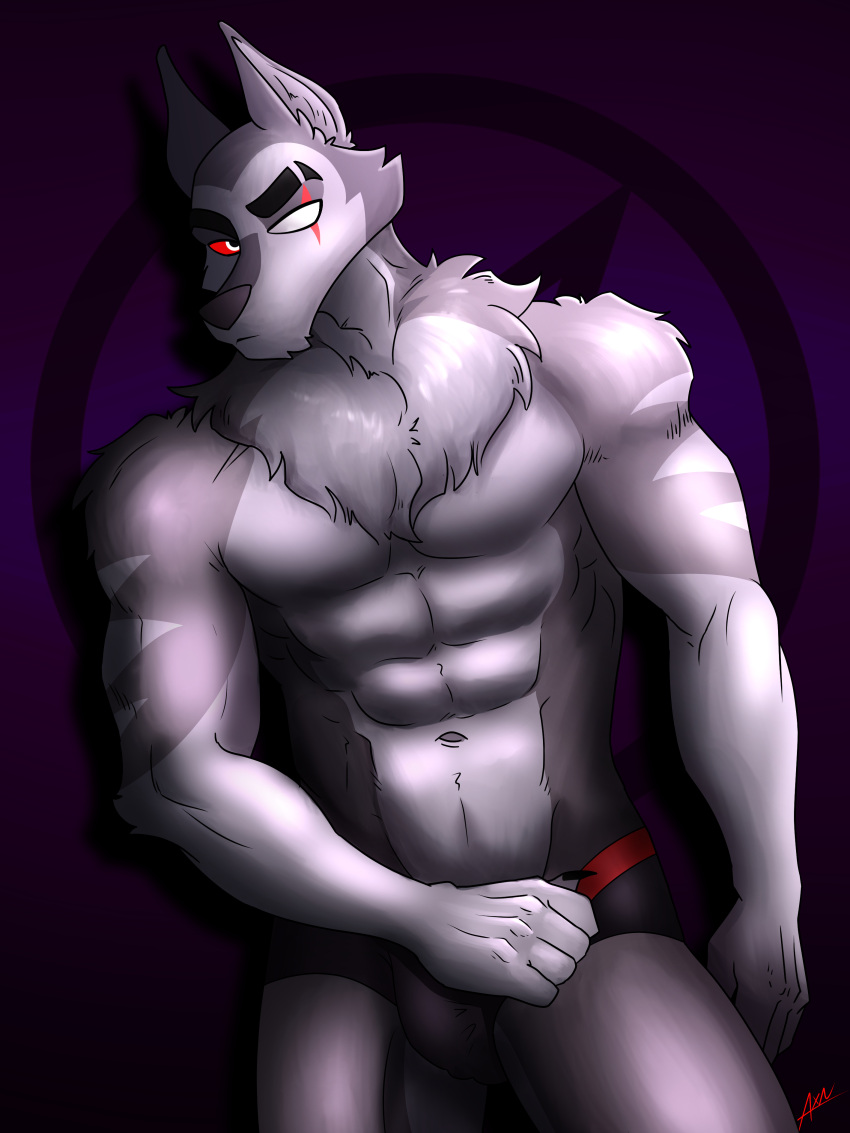 abs absurd_res anthro axxxonn biceps black_nails bulge canid canid_demon canine canis chest_tuft claws clothed clothing colored_nails demon fur grey_body grey_fur hellhound helluva_boss hi_res male mammal muscular muscular_anthro muscular_male nails nude pecs red_eyes scar shirtless simple_background solo topless tuft underwear vortex_(helluva_boss) wolf
