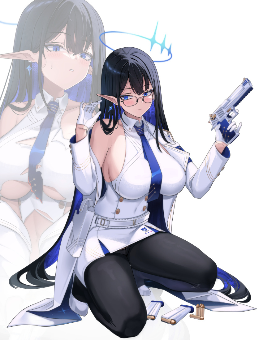1girl ammunition black_hair black_pantyhose blue_archive blue_eyes blue_hair blue_halo blue_necktie blush breasts closed_mouth coat collared_dress colored_inner_hair desert_eagle dress earrings giga-tera gloves gun halo handgun high_heels highres holding holding_gun holding_weapon holster jewelry large_breasts long_hair long_sleeves magazine_(weapon) multicolored_hair multiple_views necktie open_clothes open_coat open_mouth pantyhose pointy_ears revision rin_(blue_archive) sideboob simple_background weapon white_background white_coat white_dress white_footwear white_gloves zoom_layer