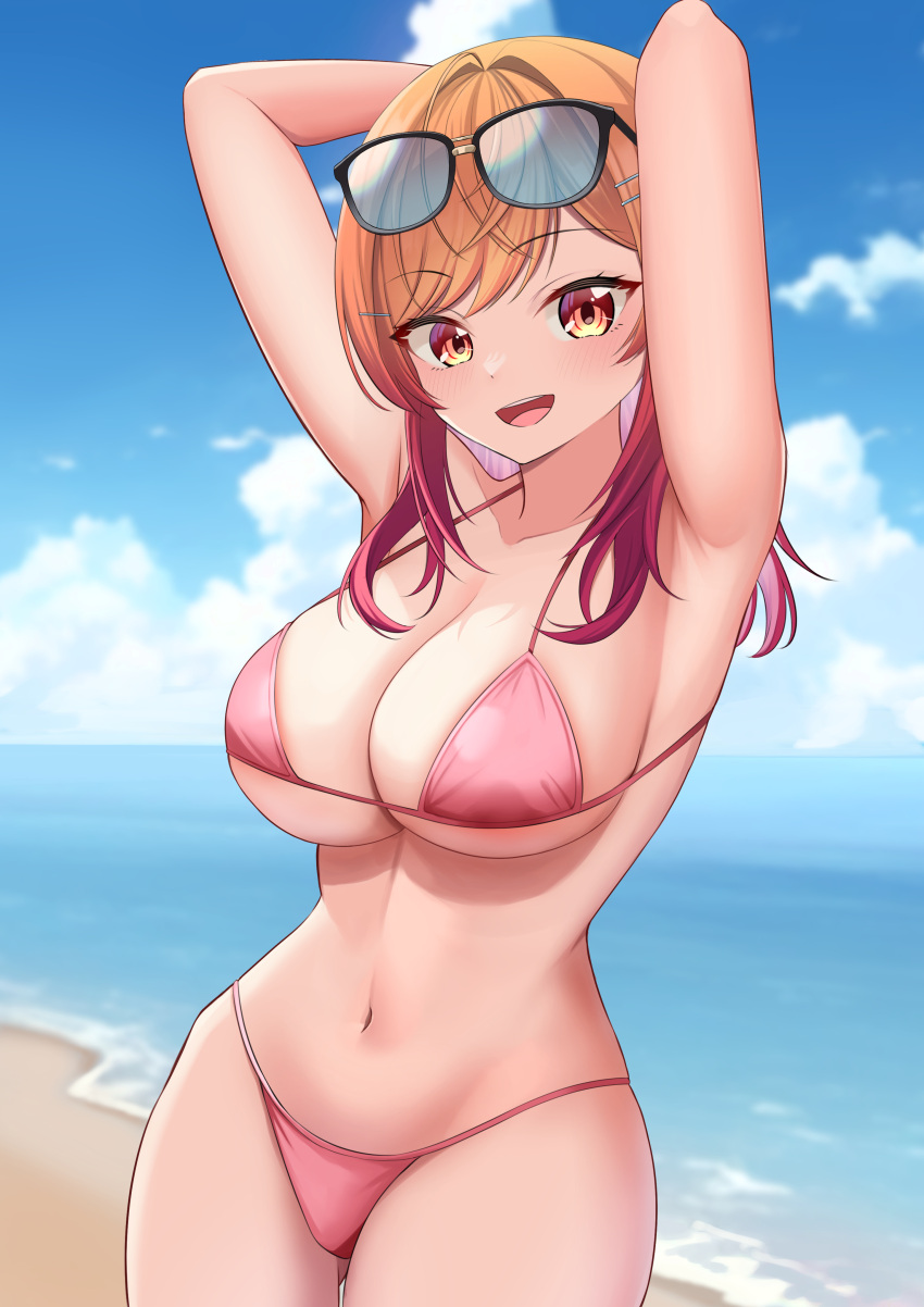 1girl 9696k absurdres ahoge armpits arms_up beach bikini black-framed_eyewear blue_sky blush breasts cleavage cloud colored_inner_hair eyewear_on_head hair_ornament hairpin highres hololive hololive_dev_is ichijou_ririka large_breasts looking_at_viewer multicolored_hair open_mouth orange_eyes orange_hair pink_bikini pink_hair sand sky smile solo sunglasses swimsuit virtual_youtuber water