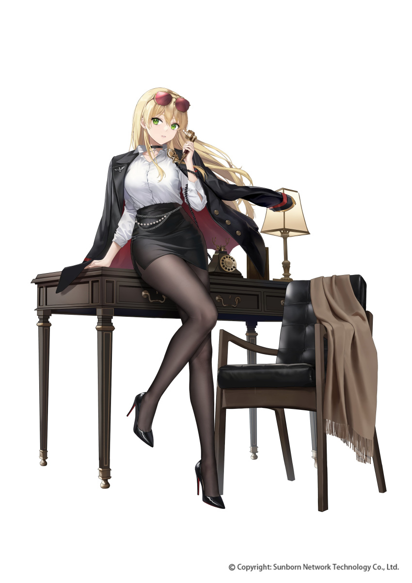1girl abab_xiaxia absurdres antique_phone black_choker black_footwear black_jacket black_pantyhose black_skirt blonde_hair breasts brown_scarf chair choker commentary company_name copyright_notice corded_phone desk_lamp drawer earrings eyewear_on_head full_body girls'_frontline green_eyes hair_between_eyes high_heels highres holding holding_phone jacket jacket_on_shoulders jewelry lamp large_breasts leaning_on_table long_hair long_sleeves looking_at_viewer office_lady official_alternate_costume official_art pantyhose paperclip parted_lips pencil_skirt phone picture_frame red-tinted_eyewear reichsadler scarf shirt shirt_tucked_in side_slit simple_background skirt solo stg44_(detective's_sidekick)_(girls'_frontline) stg44_(girls'_frontline) sunglasses tinted_eyewear unworn_scarf very_long_hair white_background white_shirt