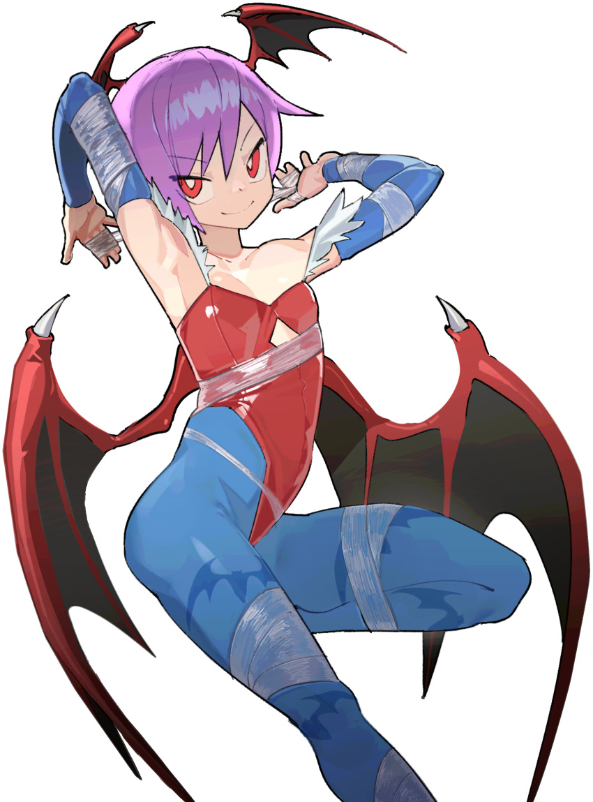 1girl absurdres animal_print bare_shoulders bat_print bat_wings blue_legwear breasts bridal_gauntlets demon_girl diamond_cutout feet_out_of_frame head_wings highres leotard lilith_aensland low_wings print_legwear purple_hair red_eyes red_leotard saaal653 short_hair simple_background small_breasts smile solo strapless strapless_leotard vampire_(game) white_background wings