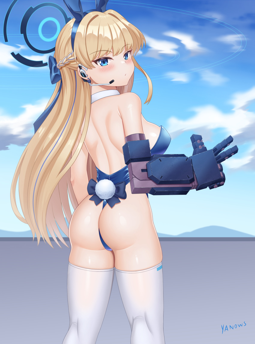 1girl absurdres ass blonde_hair blue_archive blue_bow blue_leotard blush bow braid breasts closed_mouth cloud day fake_tail from_behind hair_bow highres leotard long_hair looking_at_viewer looking_back mechanical_arms medium_breasts outdoors playboy_bunny rabbit_tail shiny_skin single_mechanical_arm solo tail thighhighs toki_(blue_archive) w white_thighhighs yanows