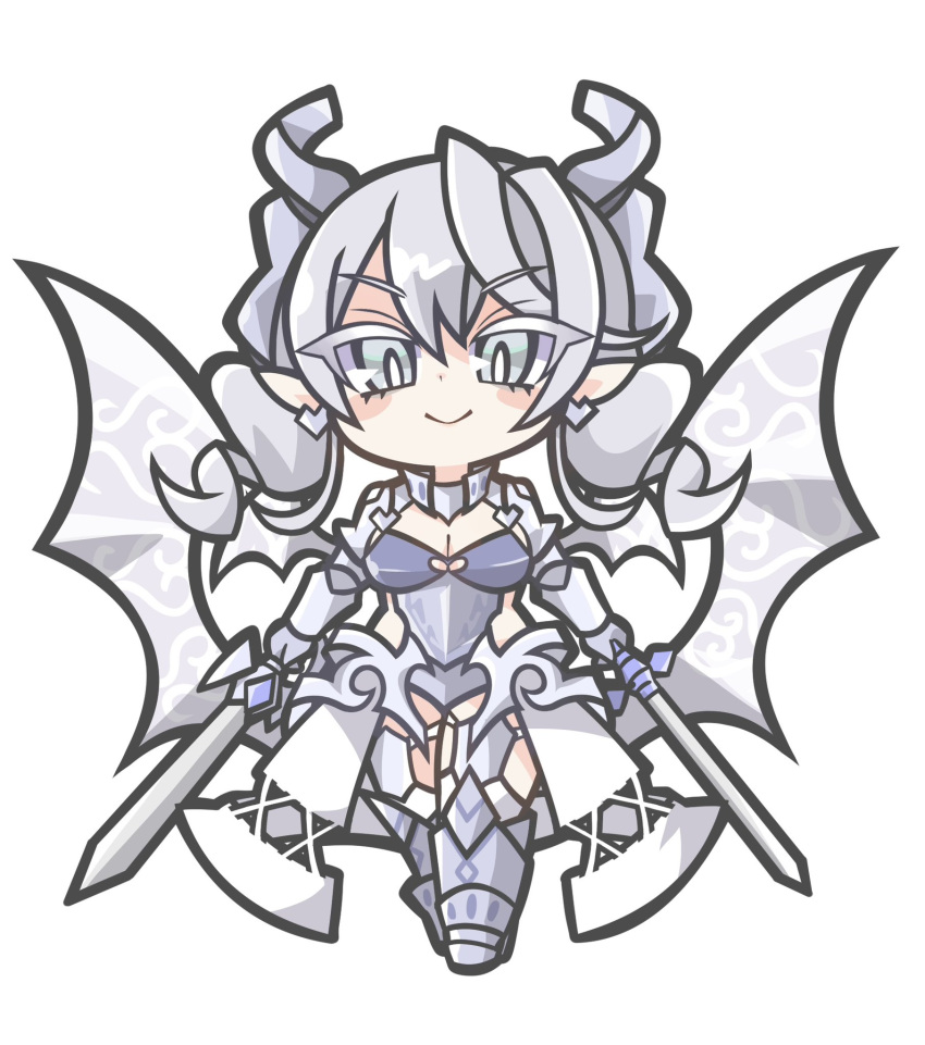 1girl armor breasts chibi cleavage demon_girl demon_wings drill_hair dual_wielding duel_monster earrings grey_hair highres holding holding_sword holding_weapon horns jewelry lady_labrynth_of_the_silver_castle looking_at_viewer looking_down lovely_labrynth_of_the_silver_castle medium_hair oquri pointy_ears simple_background solo sword twin_drills weapon white_background wings yu-gi-oh!