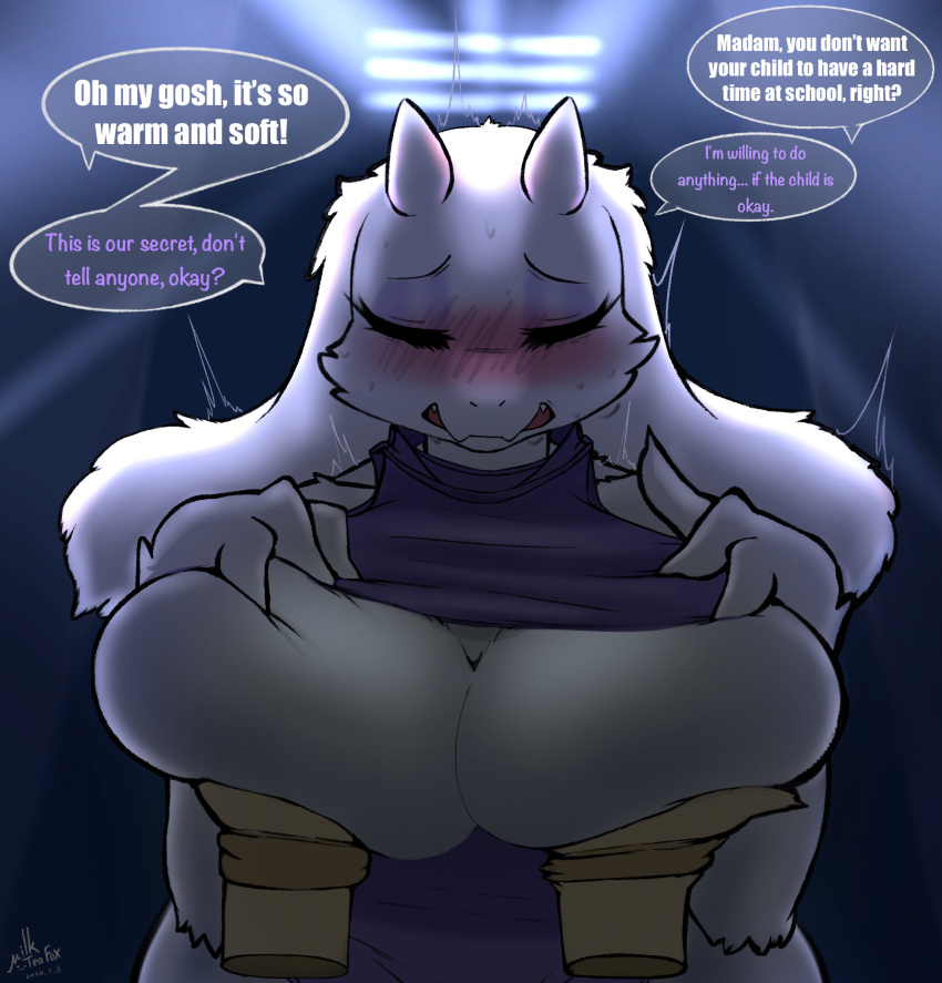 ambiguous_gender anthro biped blush boss_monster_(undertale) bovid breasts caprine dialogue duo eyelashes eyes_closed featureless_breasts female fur goat hi_res horn mammal milkteafox speech_bubble toriel undertale_(series) white_body white_fur