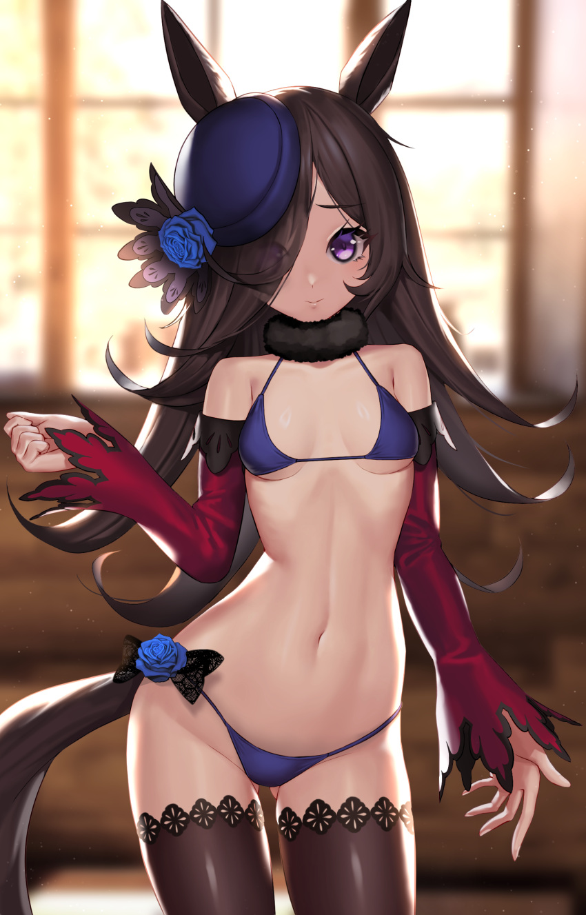1girl absurdres animal_ears bare_shoulders bikini black_thighhighs blue_flower blue_rose blurry blurry_background blush breasts brown_hair closed_mouth commentary detached_sleeves flower fur-trimmed_collar fur_trim hair_over_one_eye highres horse_ears horse_girl horse_tail indoors long_hair long_sleeves navel purple_bikini purple_eyes purple_headwear rice_shower_(umamusume) rose small_breasts smile solo swimsuit symbol-only_commentary tail thighhighs ugohato umamusume window