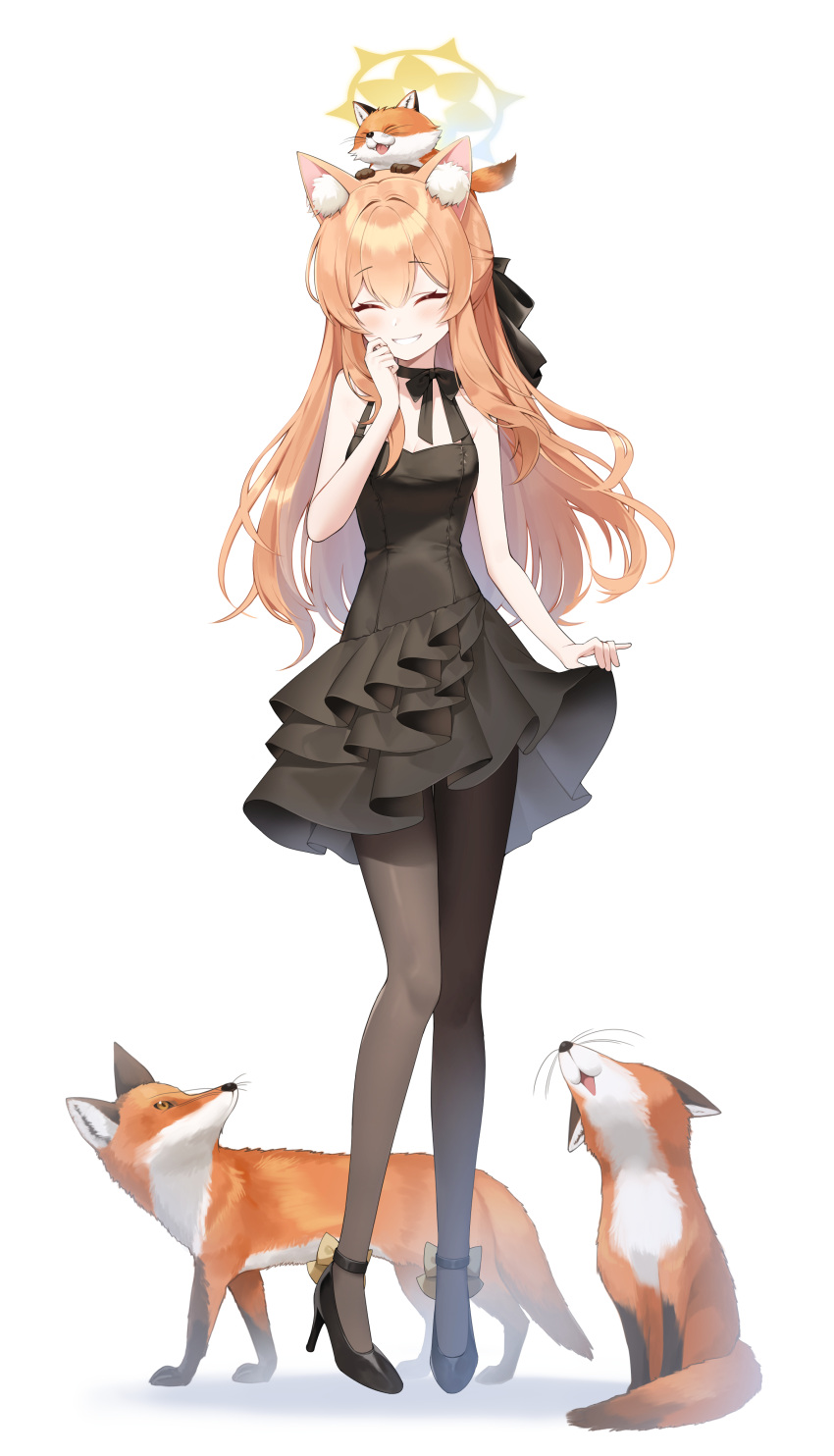 1girl absurdres alternate_costume animal animal_ear_fluff animal_ears black_dress black_footwear black_pantyhose blue_archive blush breasts closed_eyes dress fox fox_ears full_body grin hair_between_eyes halo high_heels highres long_hair mari_(blue_archive) medium_breasts orange_hair pantyhose simple_background smile solo taccho white_background yellow_halo
