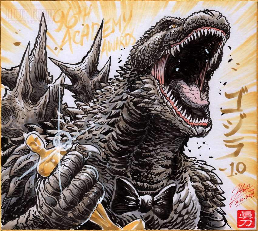 academy_award_of_merit black_bow black_bowtie bow bowtie dated giant giant_monster godzilla godzilla_(minus_one) godzilla_(series) godzilla_minus_one highres holding holding_trophy kaijuu matt_frank open_mouth roaring scales sharp_teeth signature sparkle spines teeth the_academy_awards trophy upper_body