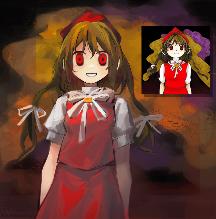 1girl :d aesur_a brown_hair commentary highres looking_at_viewer original red_eyes red_headwear red_shirt red_skirt shirt short_hair_with_long_locks skirt smile solo touhou upper_body