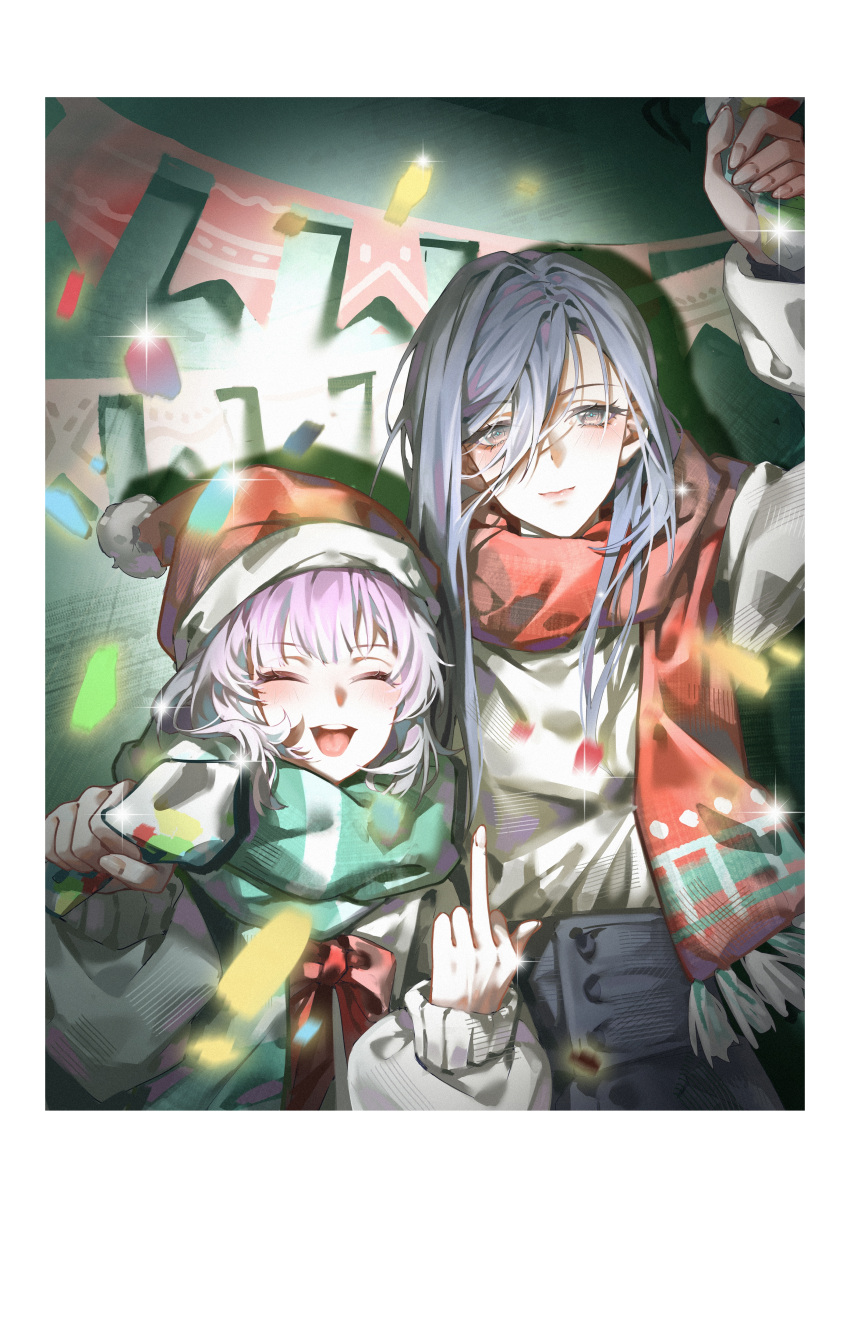 2girls absurdres alternate_costume arm_up black_eyes black_skirt blue_hair blush chief_(path_to_nowhere) christmas closed_eyes confetti female_chief_(path_to_nowhere) green_scarf hair_between_eyes hand_up hat hella_(path_to_nowhere) highres holding holding_party_popper middle_finger multiple_girls neck_ribbon nie_guai open_mouth party_popper path_to_nowhere pink_hair red_headwear red_ribbon red_scarf ribbon santa_hat scarf shirt skirt smile string_of_flags sweater teeth upper_body upper_teeth_only white_shirt white_sweater
