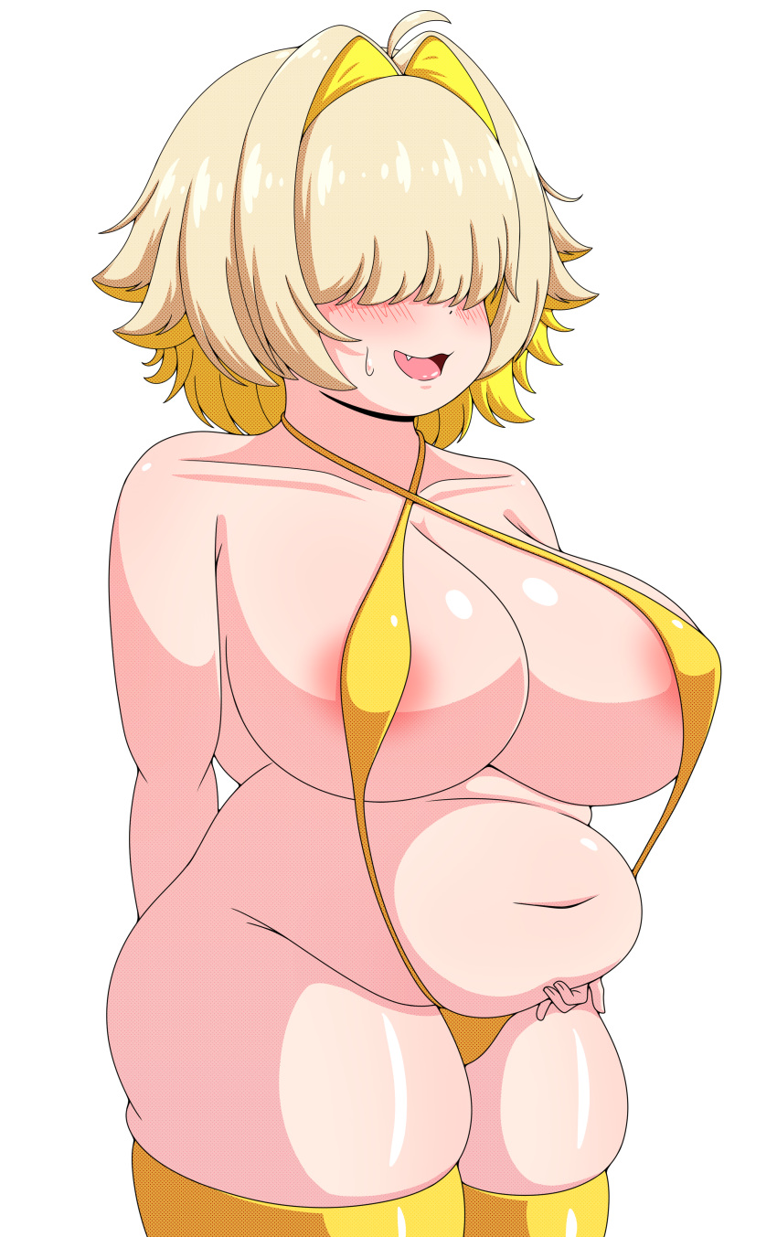 1girl absurdres ahoge areola_slip arm_behind_back belly_grab bikini blonde_hair blush breasts collarbone cowboy_shot dot_nose elegg_(nikke) fang goddess_of_victory:_nikke hair_intakes hair_over_eyes highres huge_breasts long_bangs medium_hair micro_bikini multicolored_hair navel open_mouth plump screentones simple_background slingshot_swimsuit solo sweatdrop swimsuit thick_thighs thighhighs thighs two-tone_hair vlack white_background yellow_bikini yellow_thighhighs