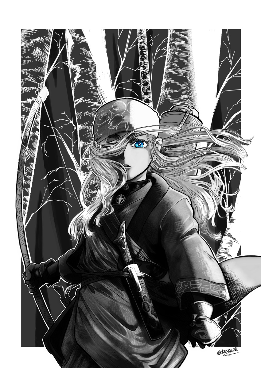 1girl absurdres ainu ainu_clothes asirpa blue_eyes bow_(weapon) choker cowboy_shot dctroo_08 floating_hair gloves golden_kamuy greyscale headband highres holding holding_bow_(weapon) holding_weapon knife long_hair long_sleeves looking_at_viewer monochrome one_eye_covered partially_colored signature solo tree twitter_username weapon