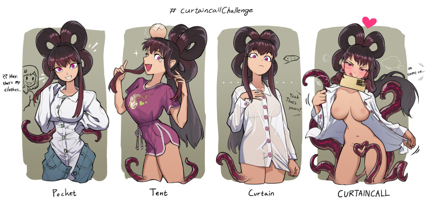 absurdres breasts buttons commentary_request dress_shirt ghost_nipples happy highres korean_commentary large_breasts light_areolae meme nipples original pocket purple_eyes ranger_squirrel see-through see-through_shirt shirt shirt_cut_(meme) smile tent tentacles