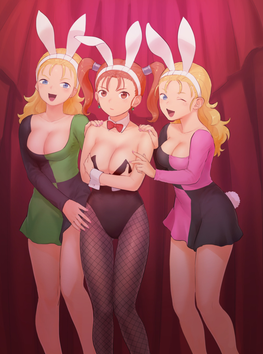 3girls animal_ears arinsu_(kodamamaimai) bare_shoulders black_leotard blonde_hair blue_eyes breasts brown_eyes brown_hair cleavage closed_mouth detached_collar dragon_quest dragon_quest_viii earrings fake_animal_ears highres jessica_albert jewelry large_breasts leotard long_hair looking_at_viewer multiple_girls open_mouth pantyhose playboy_bunny rabbit_ears skirt smile strapless strapless_leotard twintails wrist_cuffs