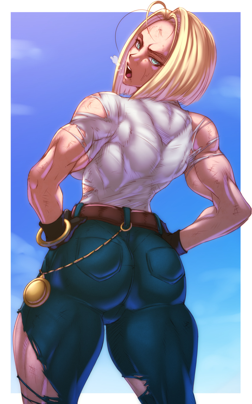 1girl absurdres android_18 ass bangle belt biceps black_gloves blonde_hair blue_eyes blue_pants blue_sky bob_cut bracelet breasts brown_belt bruise day denim dinortista dragon_ball dragon_ball_z english_commentary fat_mons forehead gloves hands_on_hips highres injury jeans jewelry large_breasts looking_at_viewer looking_back muscular muscular_female open_mouth pants pocket_watch shaft_look shirt short_hair sky solo standing t-shirt teeth thick_thighs thighs torn_clothes torn_pants torn_shirt turning_head upper_teeth watch