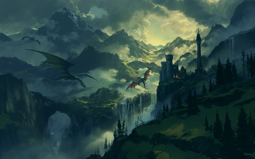 above_clouds absurdres building castle cloud cloudy_sky commentary dragon english_commentary fantasy flying from_above highres landscape mountain mountainous_horizon no_humans original outdoors philipp_urlich scenery sky tree water waterfall western_dragon