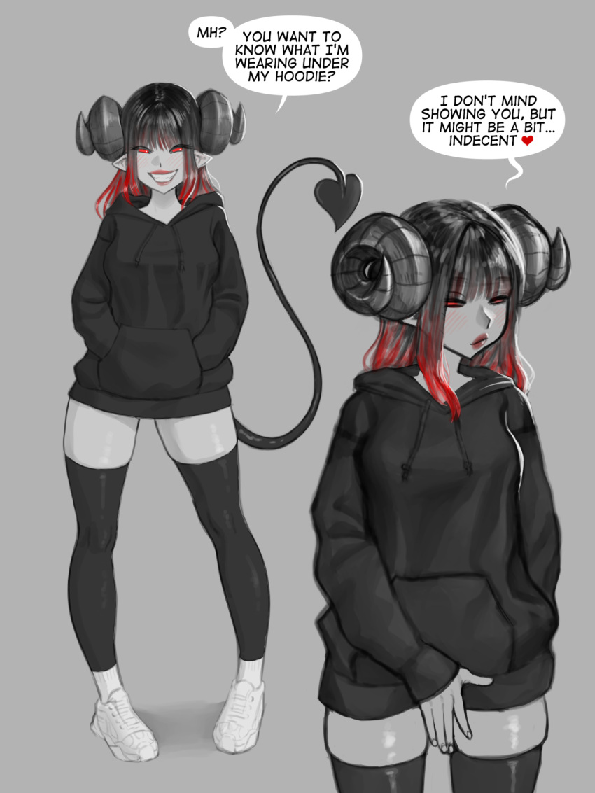 3:4 5_fingers biped black_clothing black_hair black_hoodie black_topwear blush blush_lines breasts clothed clothing comic demon demon_humanoid dialogue english_text female fingers hair hi_res hoodie horn horned_humanoid humanoid humanoid_pointy_ears madabalone not_furry smile solo speech_bubble tail tailed_humanoid text topwear