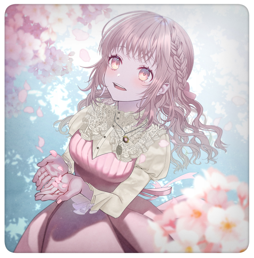 1girl album_cover blurry blurry_foreground blush border braid brown_eyes brown_hair cover cover_image crown_braid dress eyebrows_behind_hair haduki_tohru hair_behind_ear highres jewelry juliet_sleeves long_hair long_sleeves looking_up necklace open_mouth original petals pink_dress puffy_sleeves solo textless white_border