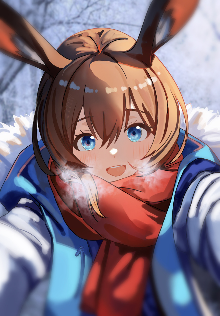 1girl :d amiya_(arknights) animal_ears arknights blue_coat blue_eyes blurry blurry_background blush breath brown_hair close-up coat commentary day grey_coat hair_between_eyes highres long_hair long_sleeves looking_at_viewer open_mouth outdoors outstretched_arms procreate_(medium) rabbit_ears rabbit_girl red_scarf round_teeth scarf smile solo sunlight symbol-only_commentary teeth two-sided_coat two-sided_fabric upper_body upper_teeth_only zeniaguan