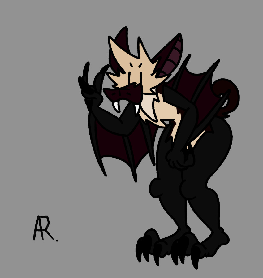 3_toes animated anthro big_butt black_body brown_body brown_fur butt chiropteran claws curled_tail devil_horns_(gesture) eyes_closed fangs feet fur gesture headbanging hi_res male mammal pteropodid simple_background simple_eyes solo spanklet spanklet_chocoa thick_thighs toe_claws toes wings