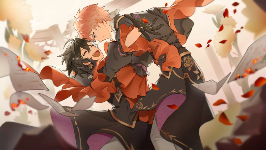 2boys absurdres black_gloves black_hair burning closed_eyes earrings ensemble_stars! facing_another falling_petals floral_print flying_paper frilled_shirt_collar frilled_sleeves frills from_side gloves guanhe half_gloves hand_on_another's_face happy highres itsuki_shu jewelry kagehira_mika long_sleeves looking_at_another male_focus multiple_boys open_mouth paper petals pink_hair purple_eyes ring short_bangs short_hair smile sparkle tears teeth upper_body upper_teeth_only valkyrie_(ensemble_stars!) yaoi