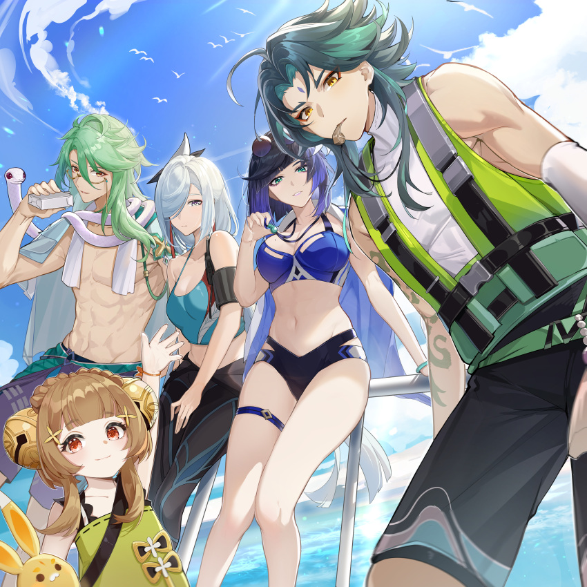 2boys 3girls :3 absurdres against_railing ahoge alternate_costume animal_around_neck arm_strap arm_tattoo baizhu_(genshin_impact) bare_shoulders bell bikini black_bikini_bottom black_male_swimwear black_pants blue_bikini blue_eyes blue_hair blue_jacket blue_shirt blue_sky blurry bracelet braid breasts brown_hair changsheng_(genshin_impact) closed_mouth collarbone crop_top dearduam depth_of_field diagonal_bangs diamond-shaped_pupils diamond_(shape) dress earrings eyeliner eyewear_on_head facial_mark forehead_mark from_below genshin_impact glasses green_dress green_eyes green_hair hair_bell hair_between_eyes hair_ornament hair_over_one_eye hand_on_railing hand_up highres hip_vent holding holding_whistle jacket jacket_on_shoulders jewelry jingle_bell juice_box life_vest lipstick long_hair looking_at_viewer looking_down makeup male_swimwear mole mole_on_breast mouth_hold multiple_boys multiple_girls navel outdoors pants parted_bangs parted_lips purple_eyeliner purple_eyes purple_lips purple_male_swimwear railing red_eyeliner red_eyes shenhe_(genshin_impact) shirt short_hair short_hair_with_long_locks sidelocks sky sleeveless sleeveless_dress sleeveless_turtleneck snake sunglasses swim_trunks swimsuit symbol-shaped_pupils tassel tattoo thigh_strap topless_male turtleneck two-tone_eyes walkie-talkie waving whistle whistle_around_neck white_hair white_shirt white_snake xiao_(genshin_impact) yaoyao_(genshin_impact) yelan_(genshin_impact) yellow-framed_eyewear yellow_eyes yoga_pants yuegui_(genshin_impact)