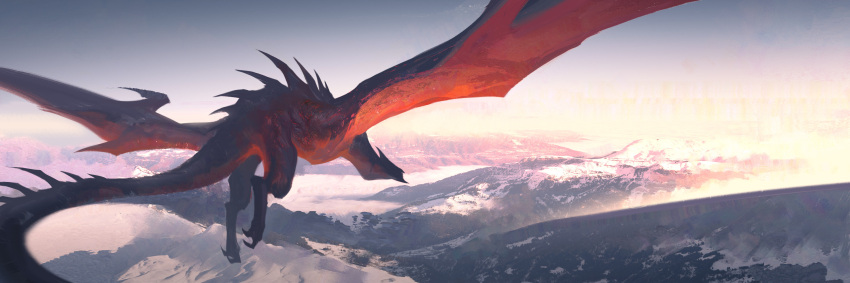 animal_focus commentary dragon english_commentary fantasy from_above gradient_sky grey_sky highres landscape mountain no_humans original outdoors richardlay river scenery sky solo spikes spread_wings tail water western_dragon wyvern