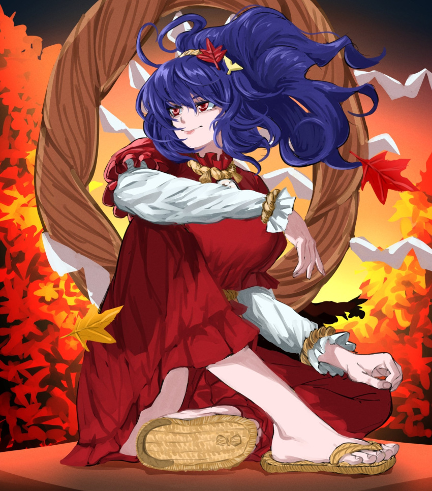 1girl alinoce716 ankleband autumn autumn_leaves blue_hair floating_hair frilled_sleeves frills hair_ornament highres layered_sleeves leaf_hair_ornament long_skirt long_sleeves medium_hair mirror outdoors puffy_long_sleeves puffy_sleeves red_eyes red_shirt red_skirt rope sandals shimenawa shirt short_over_long_sleeves short_sleeves skirt solo touhou yasaka_kanako