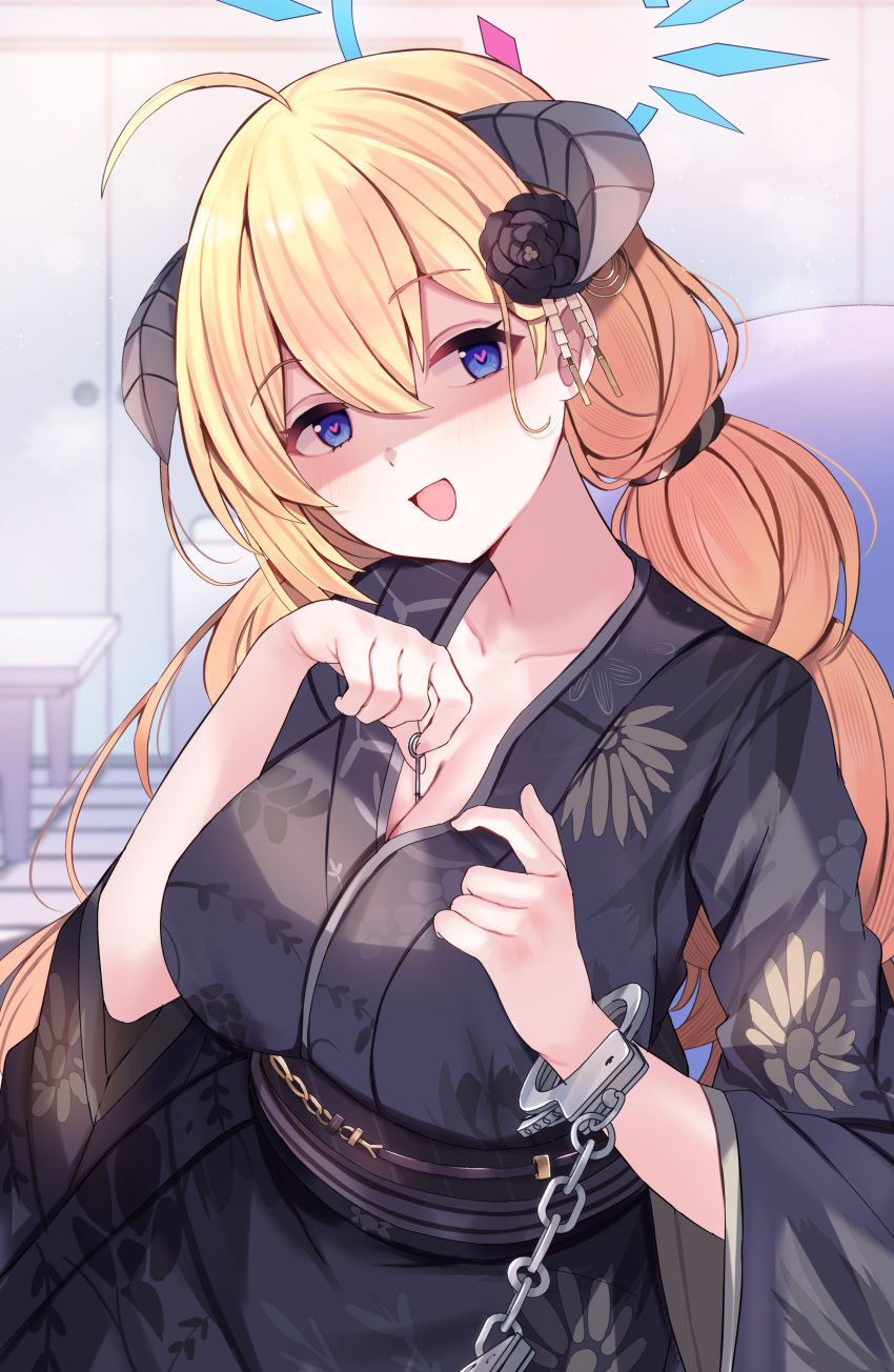 1girl absurdres ahoge akari_(blue_archive) akari_(new_year)_(blue_archive) black_horns black_kimono blonde_hair blue_archive blue_eyes blue_halo blush breasts chain cleavage collarbone cuffs demon_horns false_smile halo heart heart-shaped_pupils highres horns japanese_clothes kimono large_breasts long_hair looking_at_viewer mi_taro333 obi official_alternate_costume open_mouth sash shackles shaded_face smile solo symbol-shaped_pupils wide_sleeves