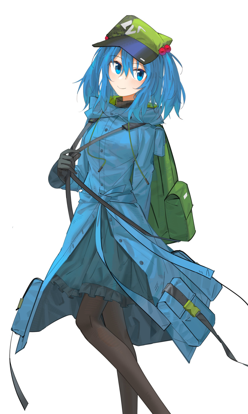 1girl absurdres aesur_a backpack bag black_gloves black_pantyhose blue_dress blue_eyes blue_hair closed_mouth dress flat_cap gloves green_headwear hair_bobbles hair_ornament hat highres kawashiro_nitori looking_at_viewer pantyhose pocket short_hair simple_background smile solo touhou two_side_up white_background