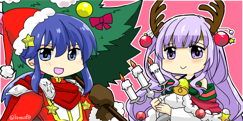 1boy 1girl alternate_costume antlers blue_hair brother_and_sister candle christmas_ornaments circlet deer_antlers fire_emblem fire_emblem:_genealogy_of_the_holy_war hat headband highres holding holding_candle holding_christmas_tree horns julia_(fire_emblem) long_hair open_mouth purple_eyes purple_hair santa_costume santa_hat seliph_(fire_emblem) siblings simple_background smile white_headband yukia_(firstaid0)