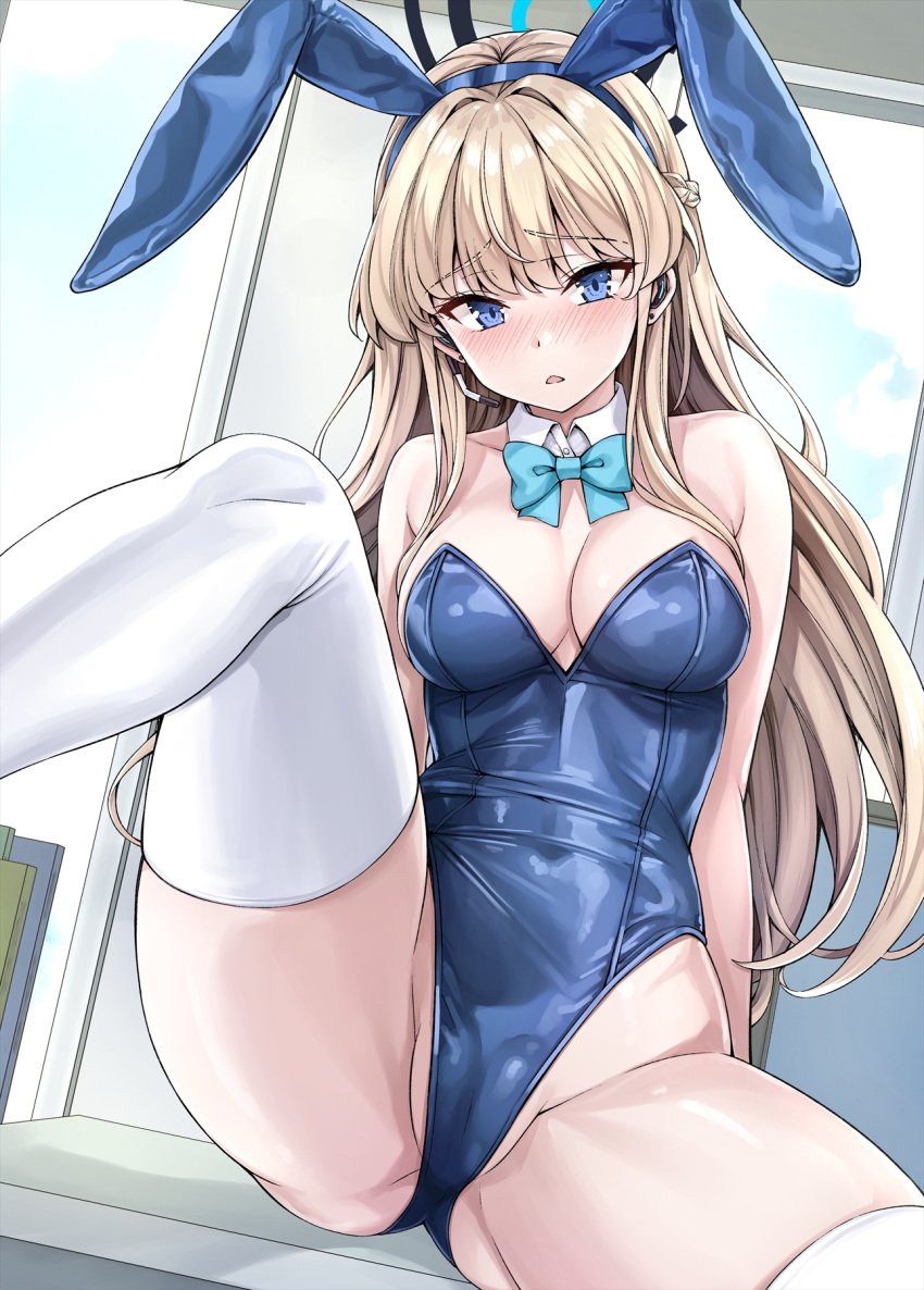 1girl animal_ears aqua_bow aqua_bowtie blonde_hair blue_archive blue_eyes blue_hairband blue_halo blue_leotard bow bowtie braid breasts commentary_request detached_collar earpiece fake_animal_ears french_braid hairband halo highleg highleg_leotard highres koyuki_(kotatsu358) leotard long_hair medium_breasts official_alternate_costume official_alternate_hairstyle playboy_bunny rabbit_ears solo strapless strapless_leotard thighhighs toki_(blue_archive) toki_(bunny)_(blue_archive) very_long_hair white_thighhighs white_wrist_cuffs wrist_cuffs