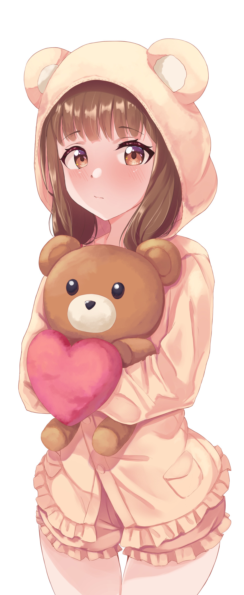 1girl absurdres alternate_costume animal_ears animal_hood bear_ears bear_hood blush brown_eyes brown_hair brown_shorts cowboy_shot fake_animal_ears frilled_hoodie frilled_shorts frills heart highres holding holding_stuffed_toy hood hugging_doll hugging_object iino_miko kaguya-sama_wa_kokurasetai_~tensai-tachi_no_renai_zunousen~ linatai long_hair long_sleeves shorts simple_background solo stuffed_animal stuffed_toy teddy_bear