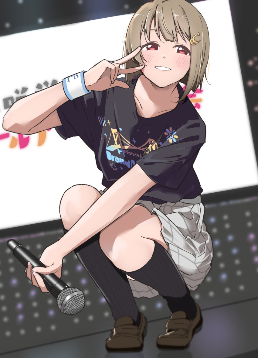 1girl black_shirt black_socks blush brown_footwear collarbone commentary_request crescent crescent_hair_ornament dutch_angle grey_hair hair_ornament highres holding holding_microphone liz_(piyoko_piyop) loafers looking_at_viewer love_live! love_live!_nijigasaki_high_school_idol_club microphone nakasu_kasumi plaid plaid_skirt pleated_skirt red_eyes shirt shoes short_hair short_sleeves skirt smile socks solo squatting stage w white_skirt wristband