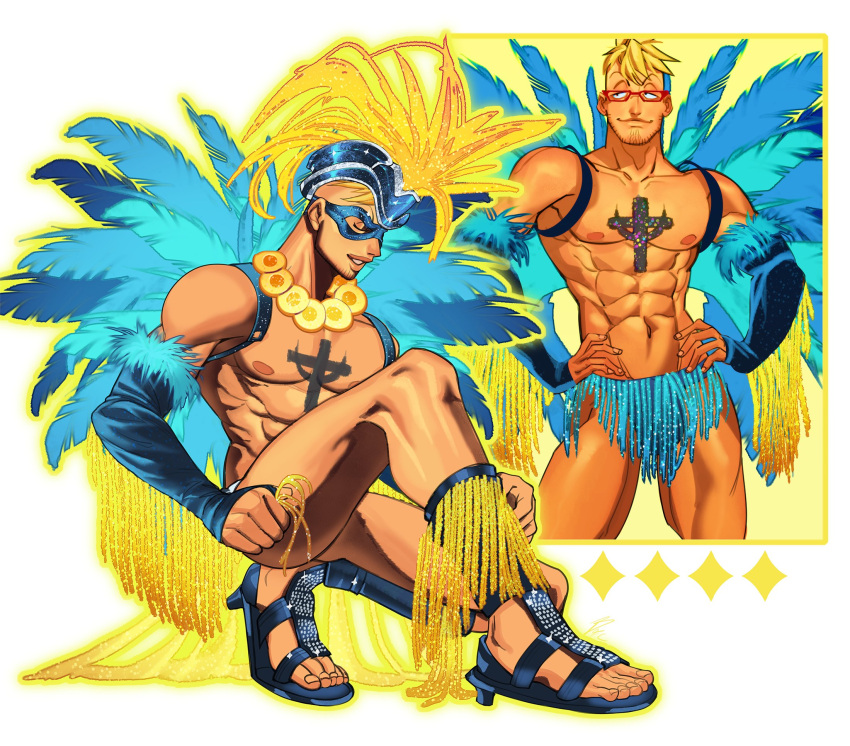 1boy abs anchor_tattoo bare_shoulders beard_stubble blonde_hair blue_feathers blue_footwear blue_headwear blue_male_underwear blue_mask blue_tassel bluefriedchick carnaval_do_brasil carnival chest_tattoo cowboy_shot detached_sleeves diamond_(shape) eye_mask facial_hair fake_wings feather-trimmed_sleeves feather_trim feathers food fruit full_body glasses glitter gold_tassel hands_on_own_hips headdress highres male_focus male_underwear marco_(one_piece) mohawk multiple_views muscular muscular_male nipples one_piece pectorals pineapple pineapple_necklace pineapple_slice rectangular_eyewear red-framed_eyewear revealing_clothes rhinestone short_hair shoulder_strap smile sparkle stubble tattoo toeless_footwear underwear wings yellow_feathers