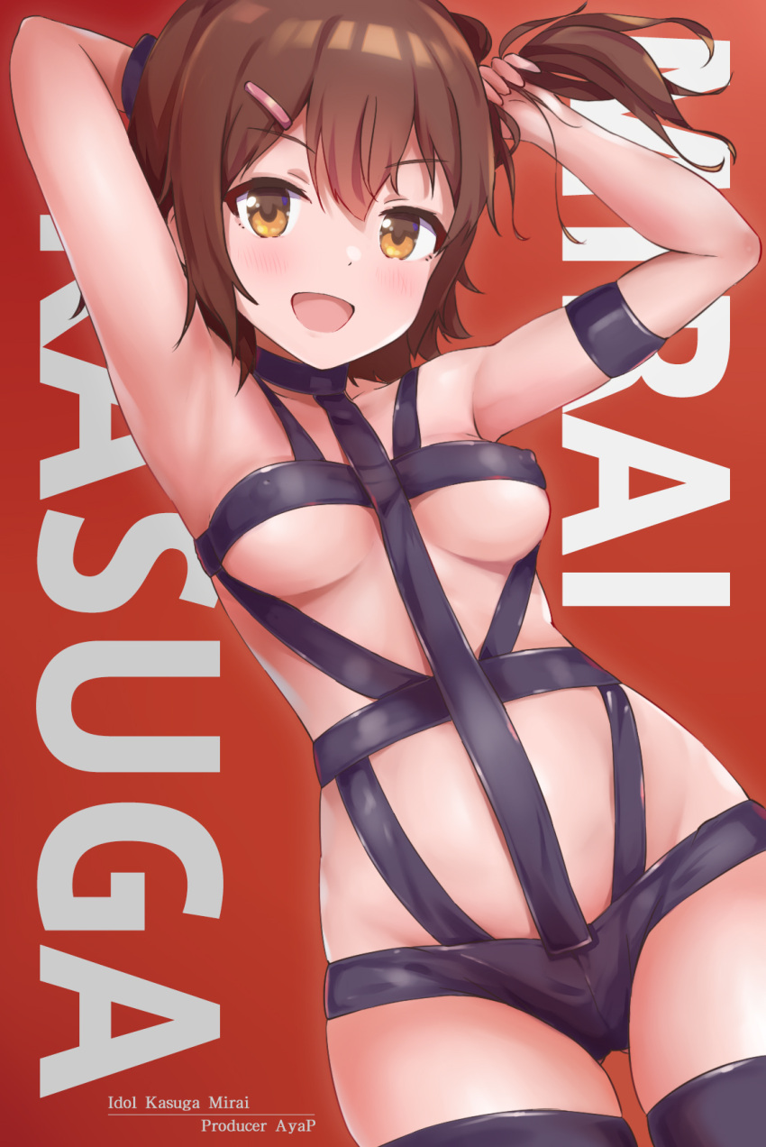 1girl arm_strap armpits arms_up bare_shoulders blush bondage_outfit breasts brown_eyes brown_hair character_name collarbone cosplay covered_nipples cowboy_shot dot_nose highres holding_own_hair hot_limit idolmaster idolmaster_million_live! idolmaster_million_live!_theater_days kasuga_mirai koaya looking_at_viewer medium_breasts nishikawa_takanori nishikawa_takanori_(cosplay) one_side_up open_mouth red_background revealing_clothes short_hair side_ponytail smile solo standing t.m.revolution underboob v-shaped_eyebrows