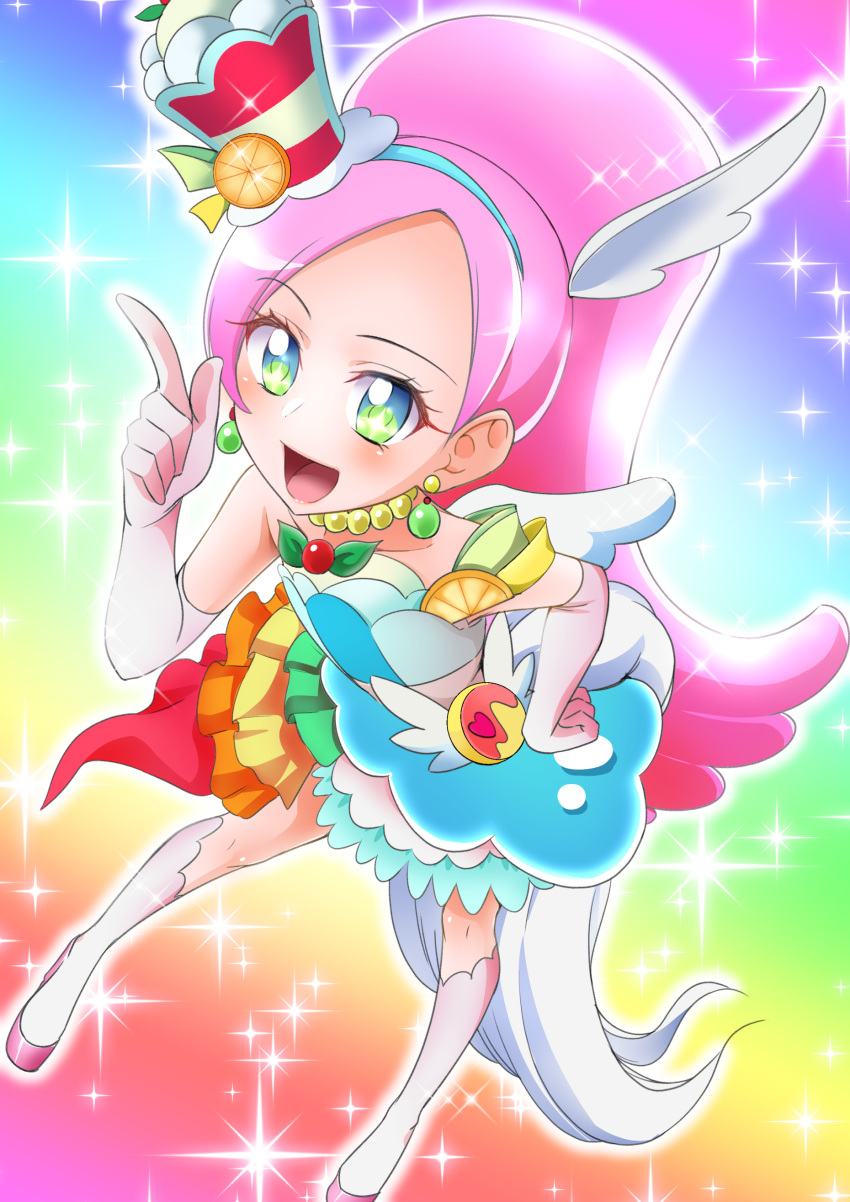 1girl absurdres animal_ears bare_shoulders berry blush boots choker cure_parfait dress earrings elbow_gloves food food-themed_hair_ornament fruit fuyuzora gloves hair_ornament hand_on_own_hip headband highres horse_ears jewelry kirakira_precure_a_la_mode kiwi_(fruit) leaf lemon long_hair multicolored_eyes open_mouth orange_(fruit) parfait pearl_choker pearl_earrings pink_hair pointing pointing_up ponytail precure solo sparkling_eyes strapless strapless_dress tail white_footwear white_gloves white_tail white_wings wings
