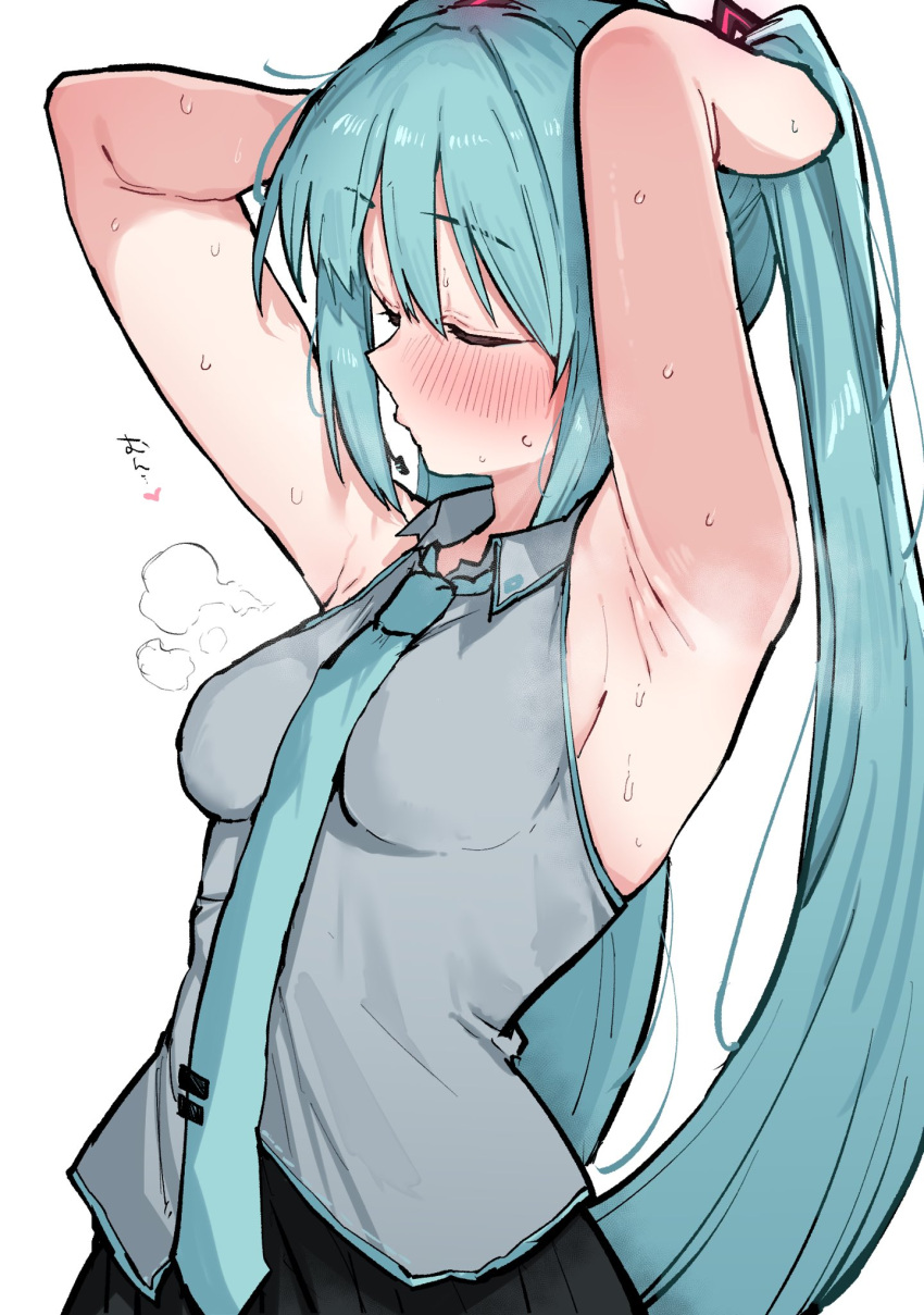 1girl aqua_hair aqua_necktie armpits arms_up black_skirt blush breasts closed_eyes collared_shirt commentary cowboy_shot earpiece grey_shirt hands_in_hair hatsune_miku highres hot kobinbin long_hair medium_breasts microphone necktie pleated_skirt shirt sideboob simple_background skirt sleeveless sleeveless_shirt solo steaming_body sweat sweat_stain tie_clip twintails very_long_hair vocaloid white_background wing_collar