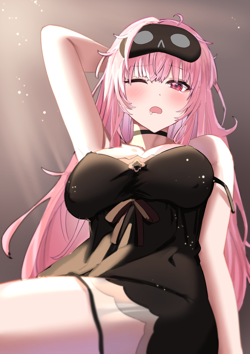 1girl arm_up black_choker black_nightgown blush breasts choker drooling futoshi_tanaka highres hololive hololive_english large_breasts looking_at_viewer mask mask_on_head messy_hair mori_calliope mori_calliope_(6th_costume) mouth_drool nightgown official_alternate_costume one_eye_closed open_mouth pink_hair red_eyes sleep_mask virtual_youtuber