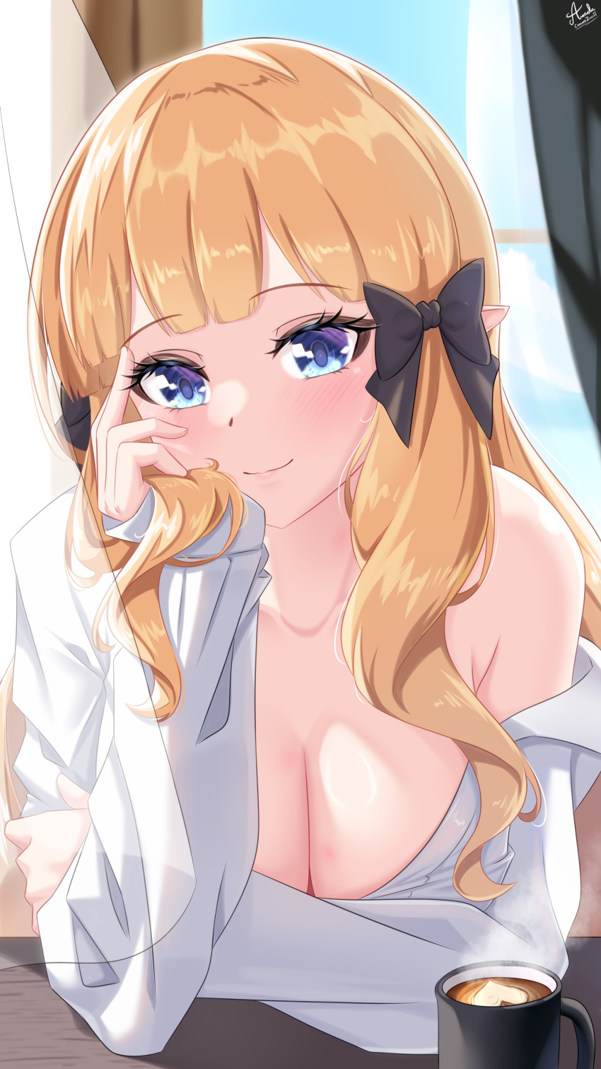 1girl absurdres arada_(corsair_zero) black_bow blonde_hair blue_eyes blunt_bangs bow breasts cleavage closed_mouth coffee coffee_mug collarbone cup elf hair_bow highres large_breasts leaning_forward long_sleeves looking_at_viewer mug pointy_ears princess_connect! saren_(princess_connect!) shirt smile solo straight_hair white_shirt window