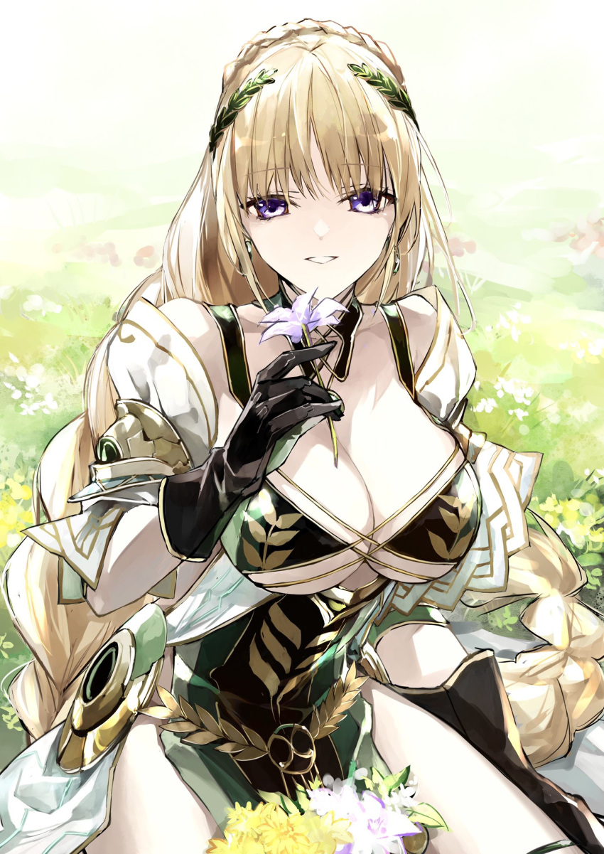 1girl armor artist_request bikini blonde_hair braid braided_ponytail breasts demeter_(fate) dress fate/grand_order fate_(series) flower green_bikini green_dress head_wreath highres large_breasts long_hair looking_at_viewer purple_eyes shoulder_armor smile swimsuit very_long_hair