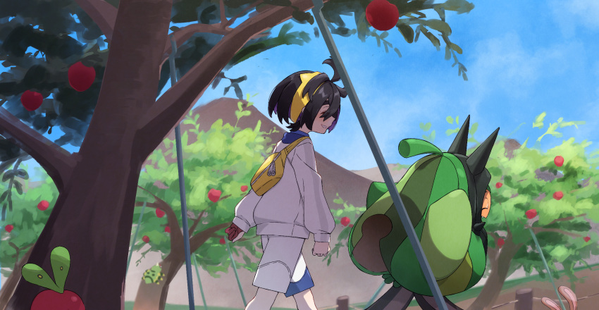 1boy apple apple_tree applin black_hair closed_eyes commentary_request day food fruit gloves grin hairband highres jacket kieran_(pokemon) male_focus nanaheibei_3 ogerpon outdoors partially_fingerless_gloves pokemon pokemon_(creature) pokemon_sv red_gloves sentret short_hair shorts single_glove sky smile spinarak standing teeth tree walking yellow_hairband