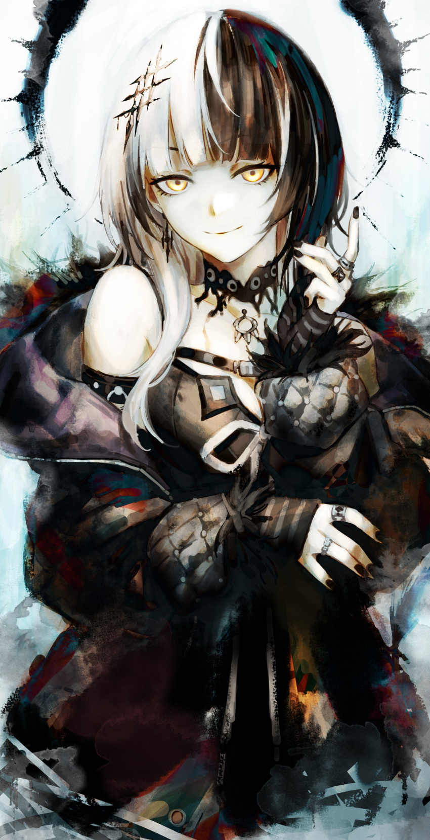 1girl absurdres black_choker black_coat black_dress black_hair black_nails breasts choker closed_mouth coat collarbone dress fur-trimmed_coat fur_trim highres hololive hololive_english jewelry kyoko_(zeprii4) lace lace_choker large_breasts looking_at_viewer multicolored_hair multiple_rings nail_polish open_clothes open_coat painting_(medium) ring shiori_novella shiori_novella_(1st_costume) smile solo split-color_hair traditional_media upper_body virtual_youtuber watercolor_(medium) white_hair yellow_eyes
