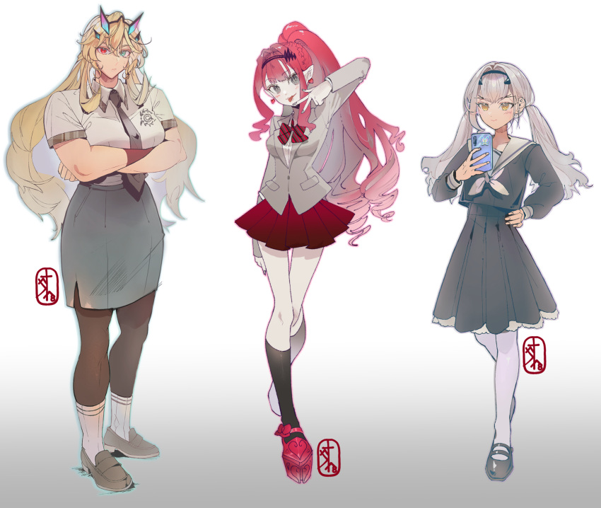 3girls baobhan_sith_(fate) barghest_(fate) black_serafuku black_shirt black_skirt blonde_hair blush bow bowtie breasts brown_pantyhose cellphone collared_shirt crossed_arms earrings fate/grand_order fate_(series) forked_eyebrows full_body green_eyes grey_eyes grey_jacket grey_shirt hairband heterochromia high_ponytail highres horns jacket jewelry kneehighs large_breasts loafers long_hair long_sleeves looking_at_viewer low_twintails medium_breasts melusine_(fate) multiple_girls neckerchief necktie pantyhose pencil_skirt phone pink_hair platform_footwear pointy_ears rae_8kaku red_eyes red_skirt sailor_collar school_uniform serafuku shirt shoes short_sleeves sidelocks skirt small_breasts smile socks tongue tongue_out twintails white_hair white_pantyhose white_sailor_collar yellow_eyes