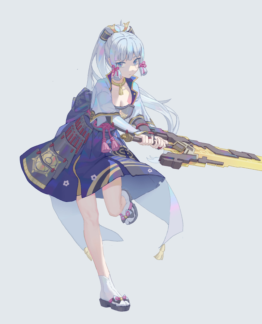 1girl absurdres armor armored_dress blue_eyes blue_hair blunt_bangs breastplate breasts cleavage closed_mouth full_body genshin_impact hair_ornament hair_ribbon highres holding holding_sword holding_weapon japanese_armor japanese_clothes kamisato_ayaka light_blue_hair long_hair looking_at_viewer mole ponytail ribbon sandals simple_background skirt socks solo standing standing_on_one_leg sword tabi tassel weapon white_background white_socks youpofen