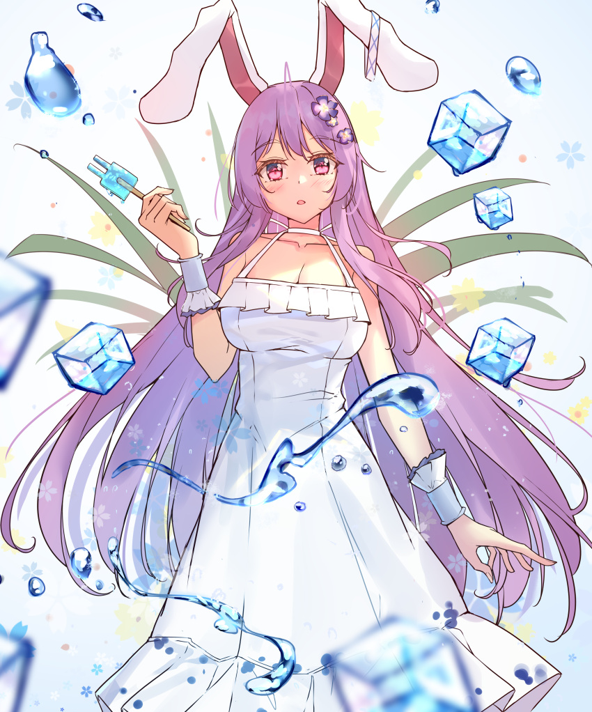 1girl absurdres alternate_costume animal_ears bangs bare_shoulders blush breasts chinese_commentary commentary_request diving_penguin dress expressionless eyebrows_visible_through_hair gradient gradient_background hair_ornament hand_up highres holding ice ice_cube long_hair looking_at_viewer moon_rabbit open_mouth purple_eyes purple_hair rabbit_ears reisen_udongein_inaba simple_background solo standing touhou very_long_hair white_background white_dress wrist_cuffs